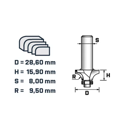 BERGER lekerekítőmaró vezetőcsapággyal HM D28,6xH15,9/R9,5xS8 mm