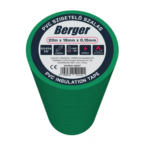 BERGER PVC szigetelőszalag Zöld 20mx19mm/0,15mm