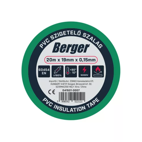 BERGER PVC szigetelőszalag Zöld 20mx19mm/0,15mm