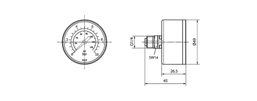 G 50.10 R. Manométer - 10 bar - G1/4" - hátsó csatlakozású