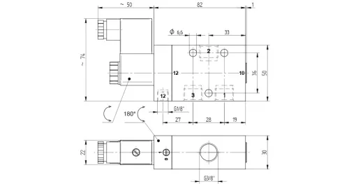 MEH 311 101. 3/2-es elektromos vezérlésű, külső segédlevegős működtetésű szelep, monostabil - alaphelyzetben zárt - G3/8"