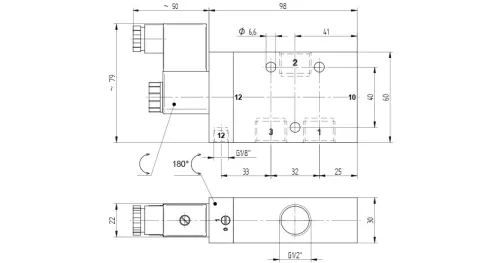MEH 311 121. 3/2-es elektromos vezérlésű, külső segédlevegős működtetésű szelep, monostabil - alaphelyzetben zárt - G1/2"
