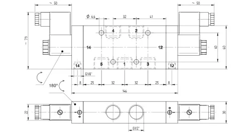 MEH 531 121. 5/3-as elektromos vezérlésű, külső segédlevegős működtetésű szelep, középállásban zárt - G1/2"