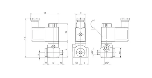 MH 311 014. 3/2-es elektromos, direkt vezérlésű szelep - alaphelyzetben zárt - G1/8"