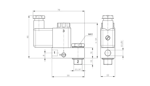 MH 311 017 TT. 3/2-es elektromos, direkt vezérlésű szelep - alaphelyzetben zárt - G1/4" - hidegálló