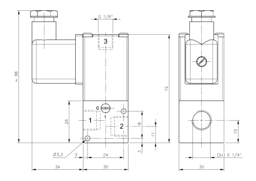 MH 311 309 - 230 AC. 3/2-es elektromos, direkt vezérlésű szelep - alaphelyzetben zárt - G1/4"