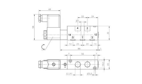 MH 511 703 ALU. 5/2-es elektromos vezérlésű alaplapos szelep, monostabil - G1/4"
