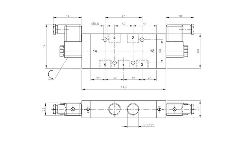 MH 532 121 VES. 5/3-as elektromos vezérlésű szelep, középállásban leszellőztetett - G1/2" - INOX