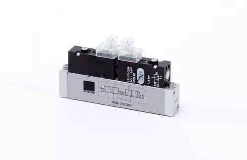 MMD 232 304 - 24 DC. Dupla 3/2-es elektromos vezérlésű alaplapos szelep, monostabil - NO+NC - DN3