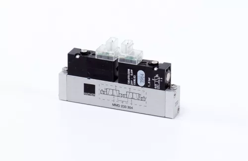 MMD 233 304 - 24 DC. Dupla 3/2-es elektromos vezérlésű alaplapos szelep, monostabil - NO - DN3