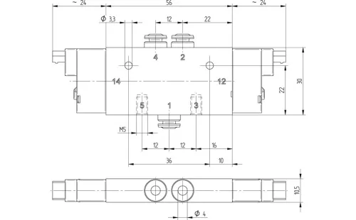 MMD 531 341 - 24 DC. 5/3-as elektromos vezérlésű szelep, középállásban zárt - pif 4 mm