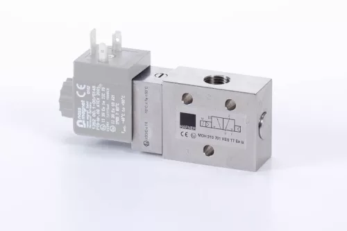 MOH 310 701 VES TT EX IA. 3/2-es elektromos vezérlésű szelep, monostabil - alaphelyzetben nyitott - G1/4" - INOX - ATEX