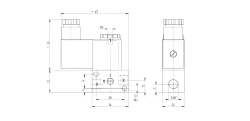 MOH 311 015. 3/2-es elektromos, direkt vezérlésű szelep - alaphelyzetben nyitott - G1/8"