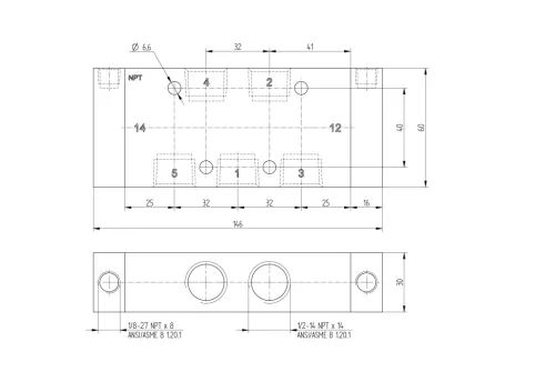 P 532 121 NPT. 5/3-as pneumatikus vezérlésű szelep, középállásban leszellőztetett - NPT1/2"