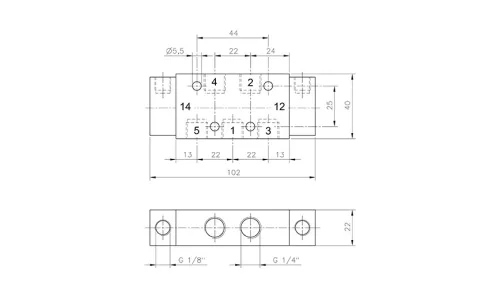 P 532 701 NPT VES. 5/3-as pneumatikus vezérlésű szelep, középállásban leszellőztetett - NPT1/4" - INOX