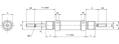RBM 16/125. ISO 6432 körprofil henger - átmenő dugattyúrúddal